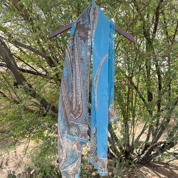 Silk blue and brown scarf - Picture 1 of 8